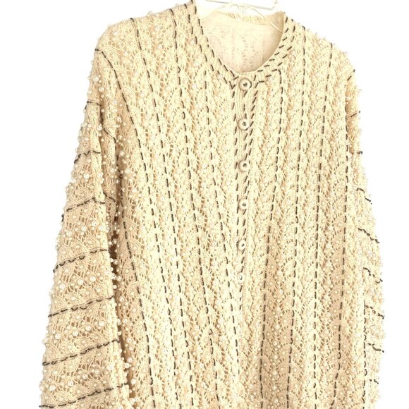 Vtg Doreen Hand Knit Cardigan Sweater Ivory Seed Bead Pearl Lined EU 40/ US 8-10 - Picture 10 of 13